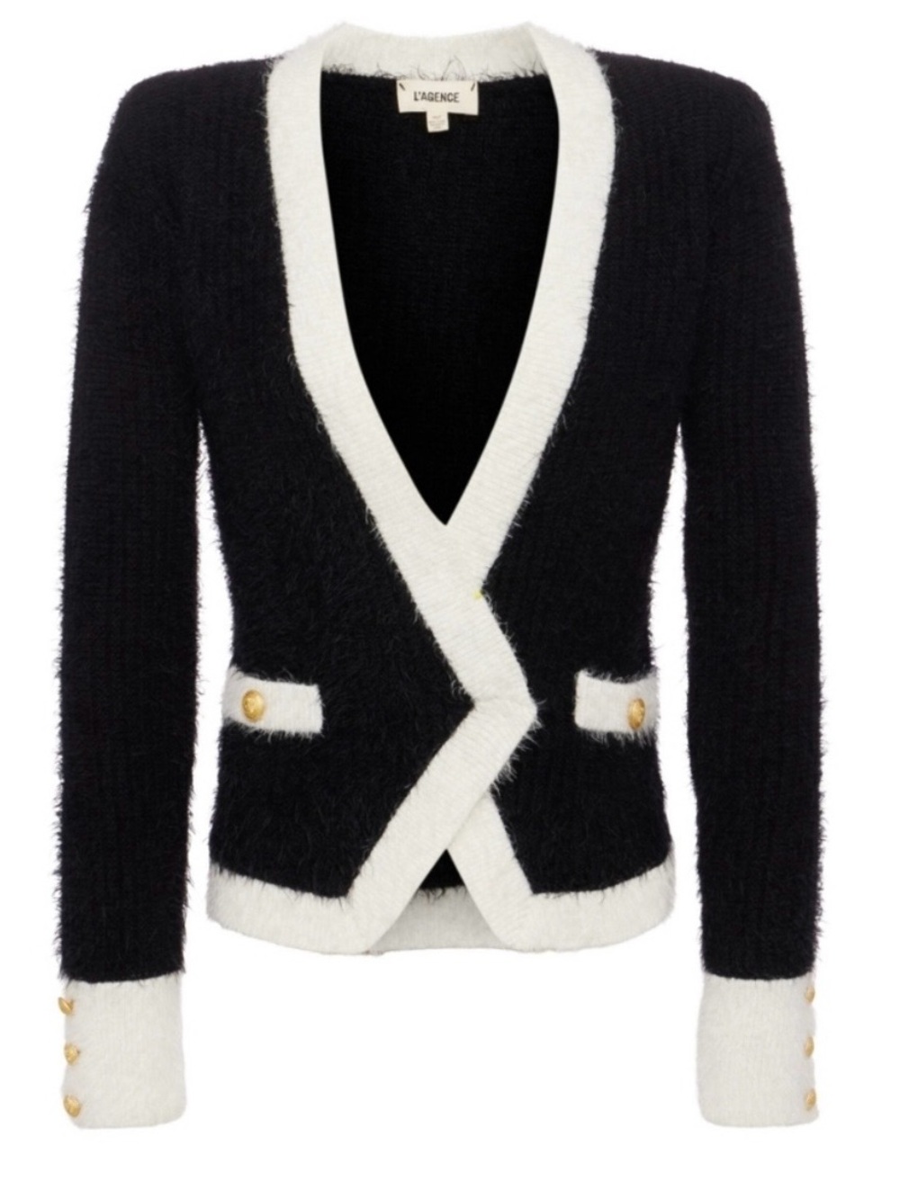 L'AGENCE Black & White Fuzzy Knit Blazer Cardigan